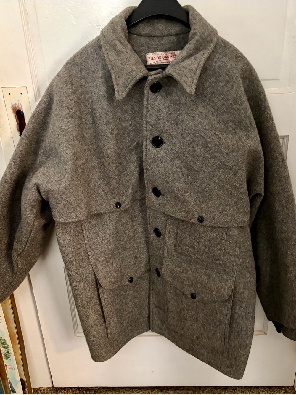 Filson Gray Wool Pea Coat with Front Patch Pockets